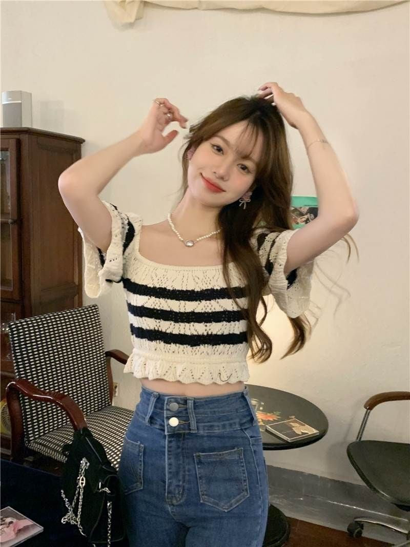 Square collar short-sleeved T-shirt summer knitted striped slim fit cropped top