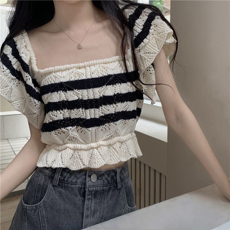 Square collar short-sleeved T-shirt summer knitted striped slim fit cropped top