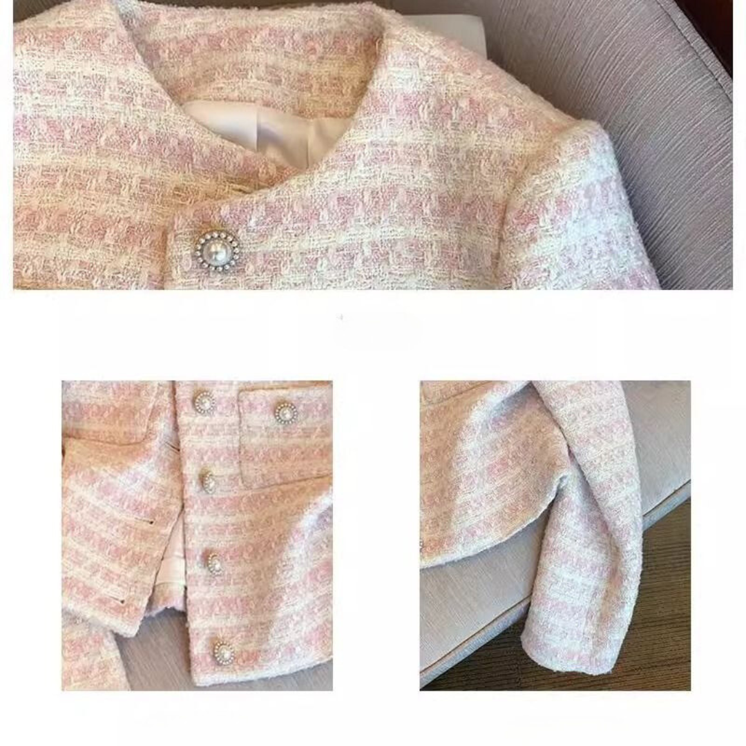 Women's Soft Romantic Powder Pink Pearl Button Tweed Jacket -  Round Neck Long Sleeve Knit Blazer