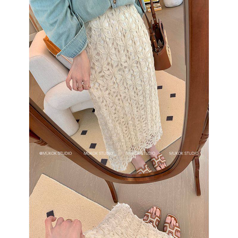 White Lace skirt  high-waisted long a-line mid-length skirt