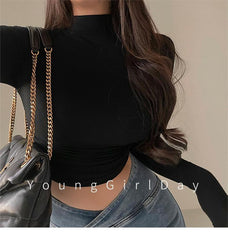 Ins-Style Half Turtleneck Short Top for Women, High-End Feel Slim Fit Long Sleeve T-shirt, Layering Shirt