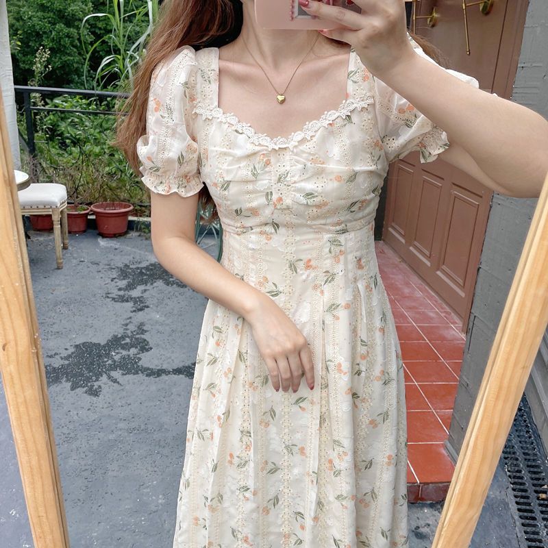 French retro design tea break summer new temperament sliwaist square neck floral dress