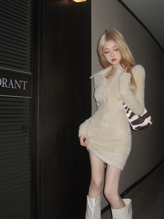 Plush Knitted Dress Hot Girl Long Sleeve Tight Inner Thickened Slim Fit Waist Covering Hip dress