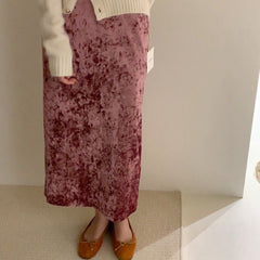 Pink velvet thick mid length skirt