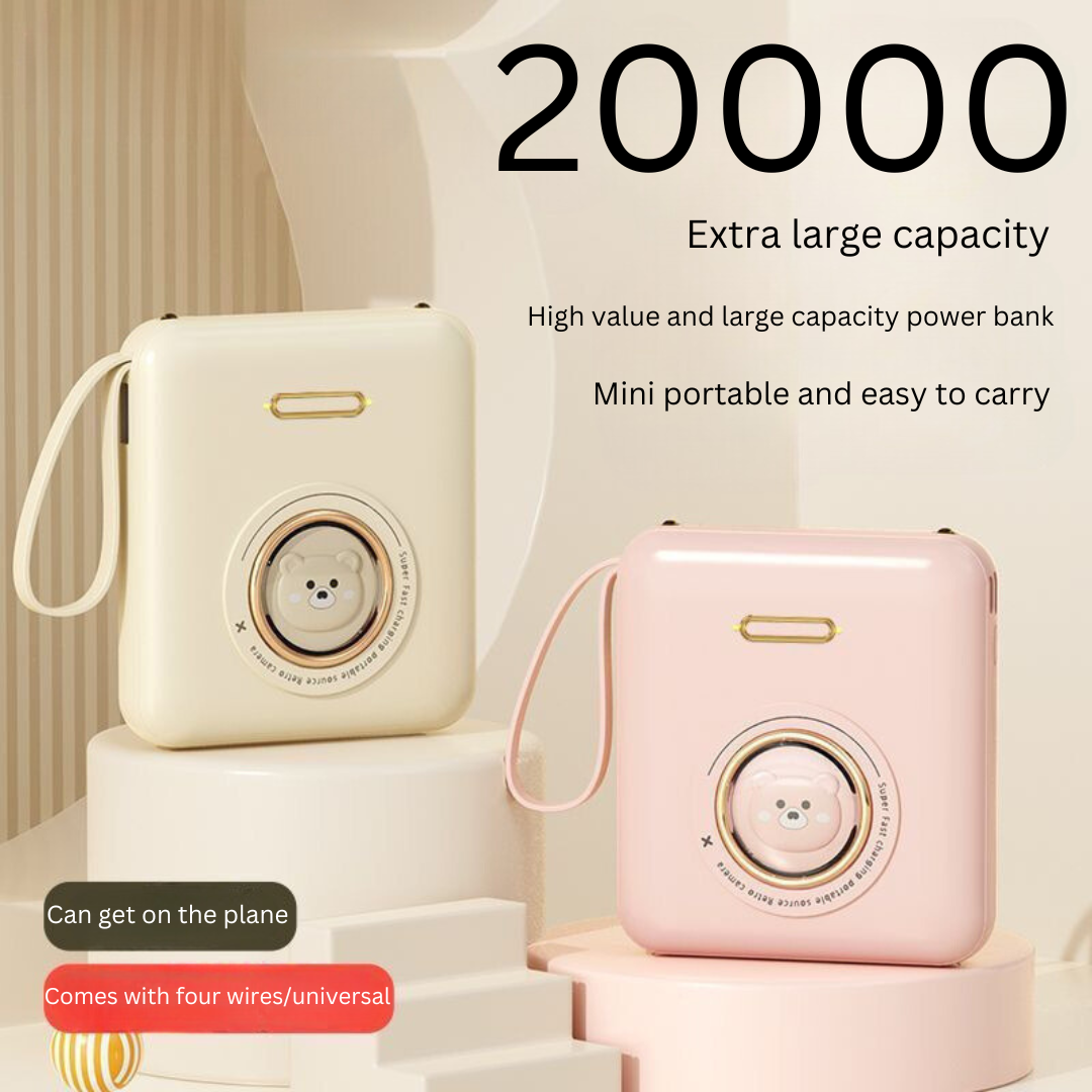 20000mAh Portable Power Bank with Built-in 4 Cables - Fast Charging for iPhone, Android