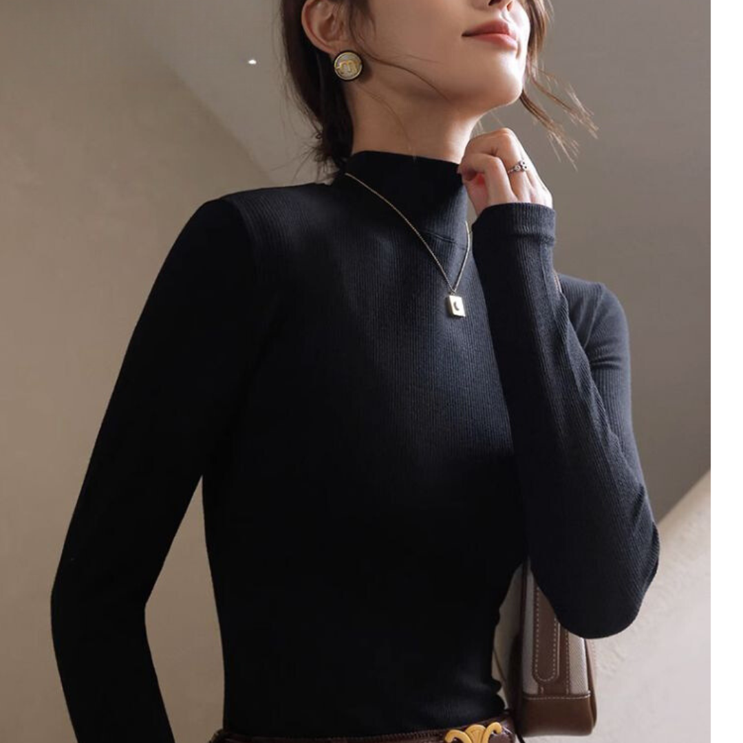 Solid Color Half Turtleneck Ribbed Base Layer Top, Slim-Fit Long Sleeve T-shirt for Women