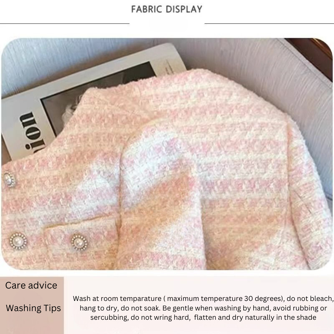 Women's Soft Romantic Powder Pink Pearl Button Tweed Jacket -  Round Neck Long Sleeve Knit Blazer