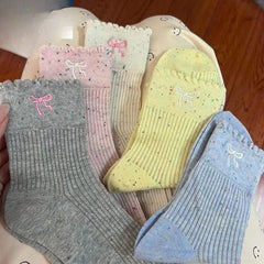 Palando Lace Socks for Women - Mid-Calf Pile Socks with Chiffon Bow