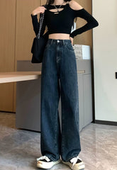 Blue and gray high-waisted wide-leg jeans loose straight floor-length Jeans