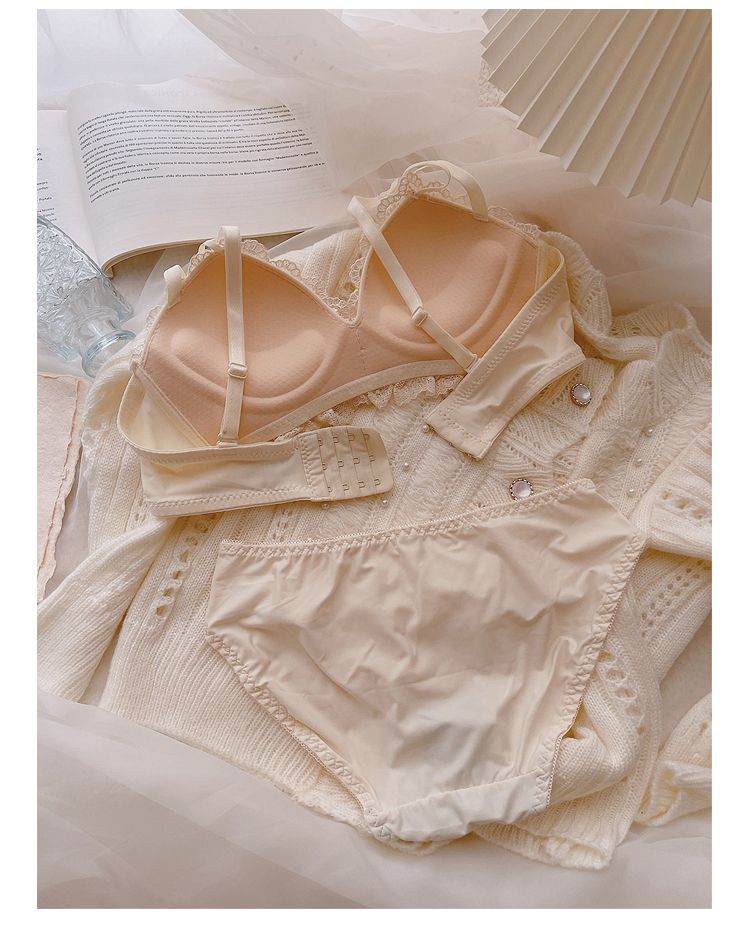 Japanese sweet cream embroidered lace underwear push-up no wire bra set