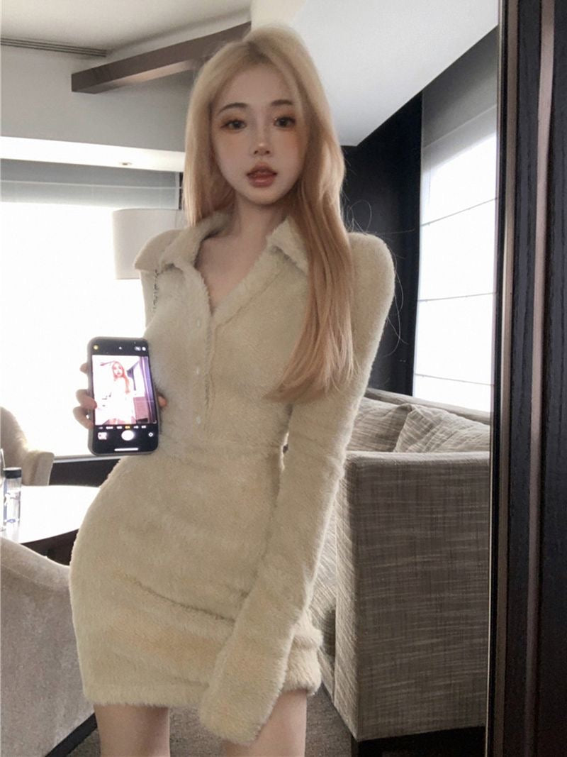 Plush Knitted Dress Hot Girl Long Sleeve Tight Inner Thickened Slim Fit Waist Covering Hip dress