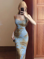 French tie-dye printed spaghetti strap dress  long bodycon dress