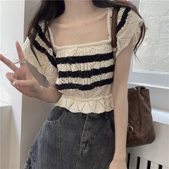 Square collar short-sleeved T-shirt summer knitted striped slim fit cropped top