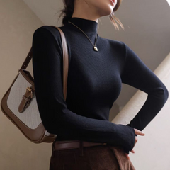 Solid Color Half Turtleneck Ribbed Base Layer Top, Slim-Fit Long Sleeve T-shirt for Women