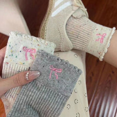 Palando Lace Socks for Women - Mid-Calf Pile Socks with Chiffon Bow