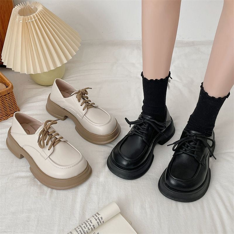 Japanese White retro thick-soled platform leather shoes for women style lace-up versatile shoes