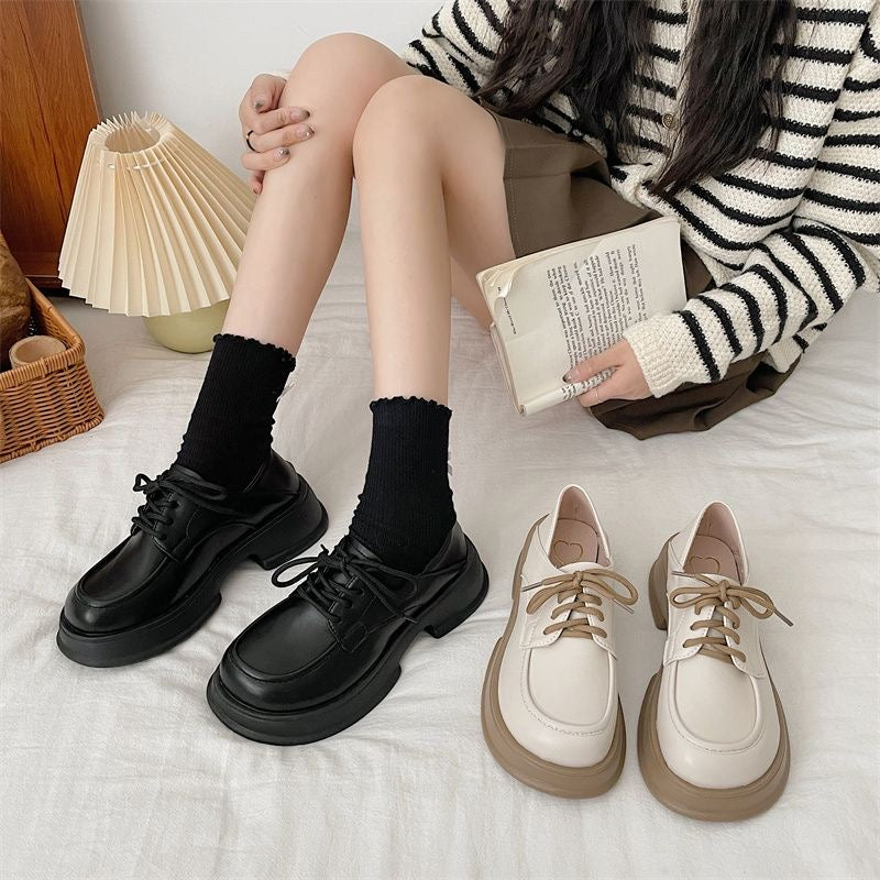 Japanese White retro thick-soled platform leather shoes for women style lace-up versatile shoes