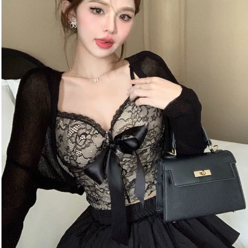 Social women's two-piece suit Internet celebrity's same style sun protection cardigan + lace bow camisole