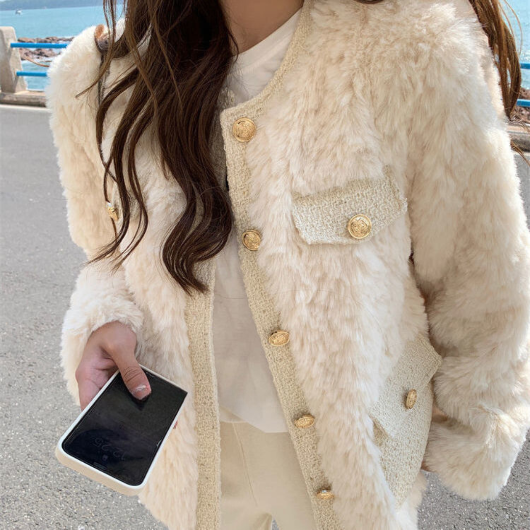 Faux Fur Chanel-Inspired Coat for Women | Winter Luxury Thick Rabbit Fur Collar Coat