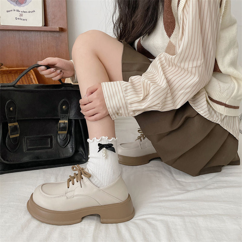 Japanese White retro thick-soled platform leather shoes for women style lace-up versatile shoes