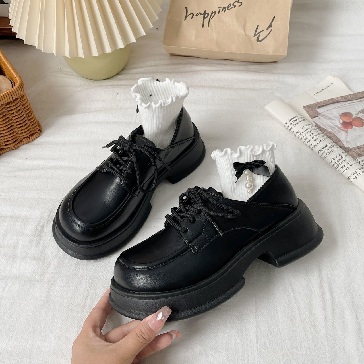 Japanese White retro thick-soled platform leather shoes for women style lace-up versatile shoes