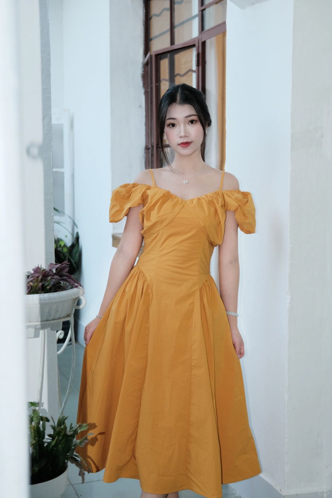 French V-neck  puff sleeve mustard off-shoulder long Dress