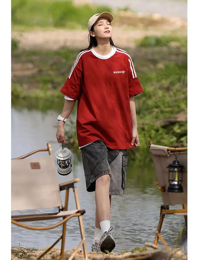 WASSUP three-stripe short-sleeved T-shirt UNISEX summer heavy loose casual couple half-sleeved tops