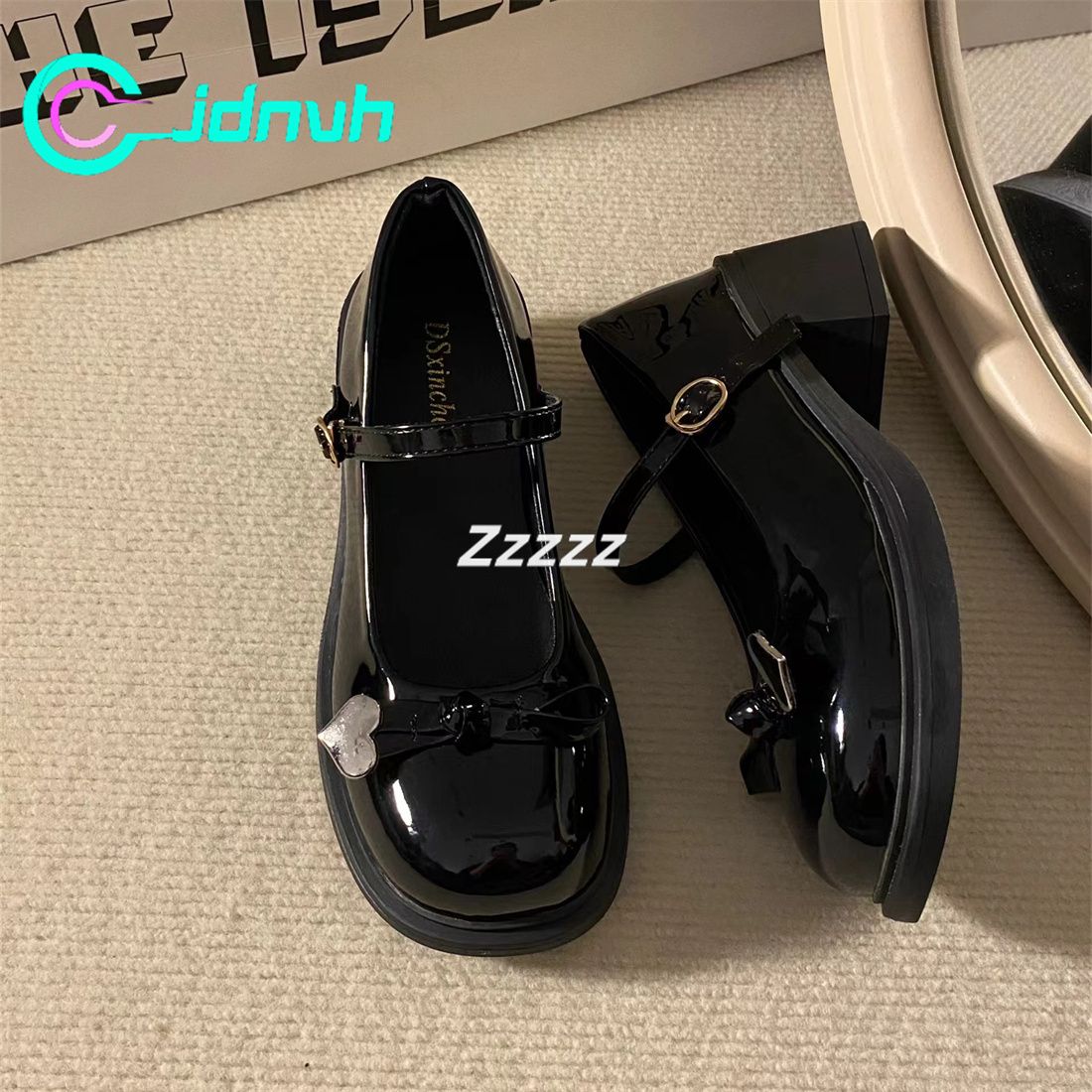 French high-heeled retro leather shoes love pendant one-word buckle Mary Jane shoes