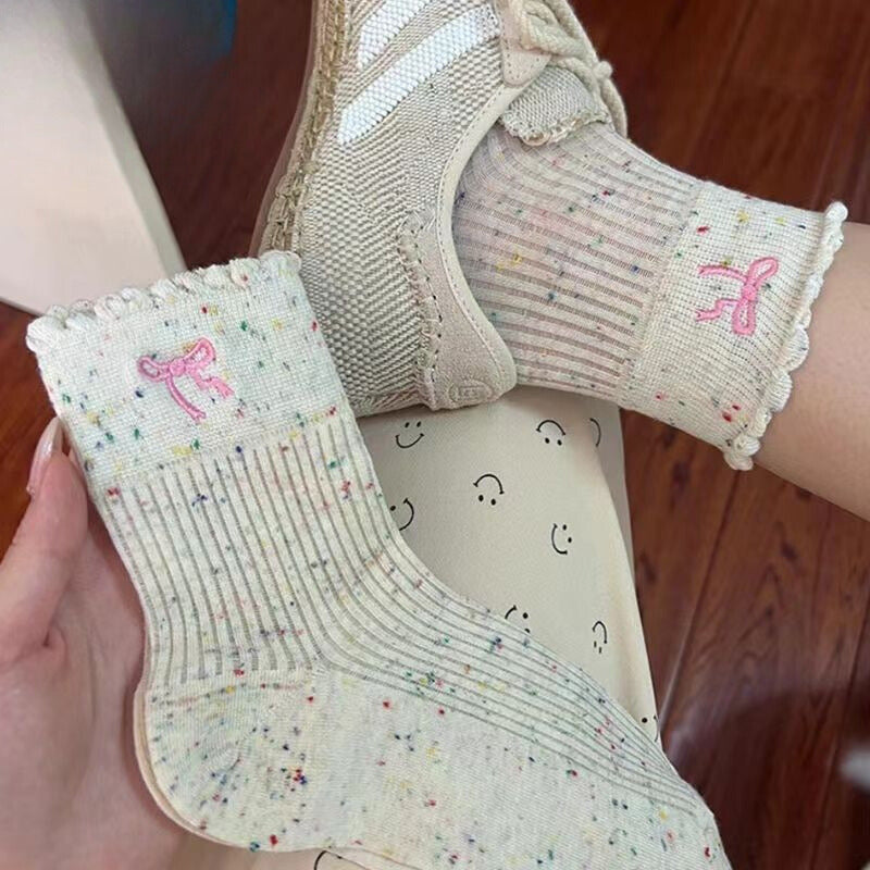 Palando Lace Socks for Women - Mid-Calf Pile Socks with Chiffon Bow