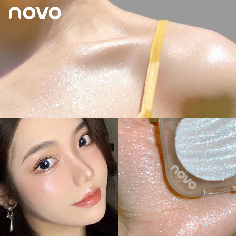 NOVO Highlighter Powder: Shimmer powder for brightening the face, creating a 3D contour, nose shadow, and side shadow. Fine shimmer and pearlescent finish, ideal for contouring.