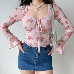 French sweet mesh flower print bell sleeve square neck slim long sleeve top