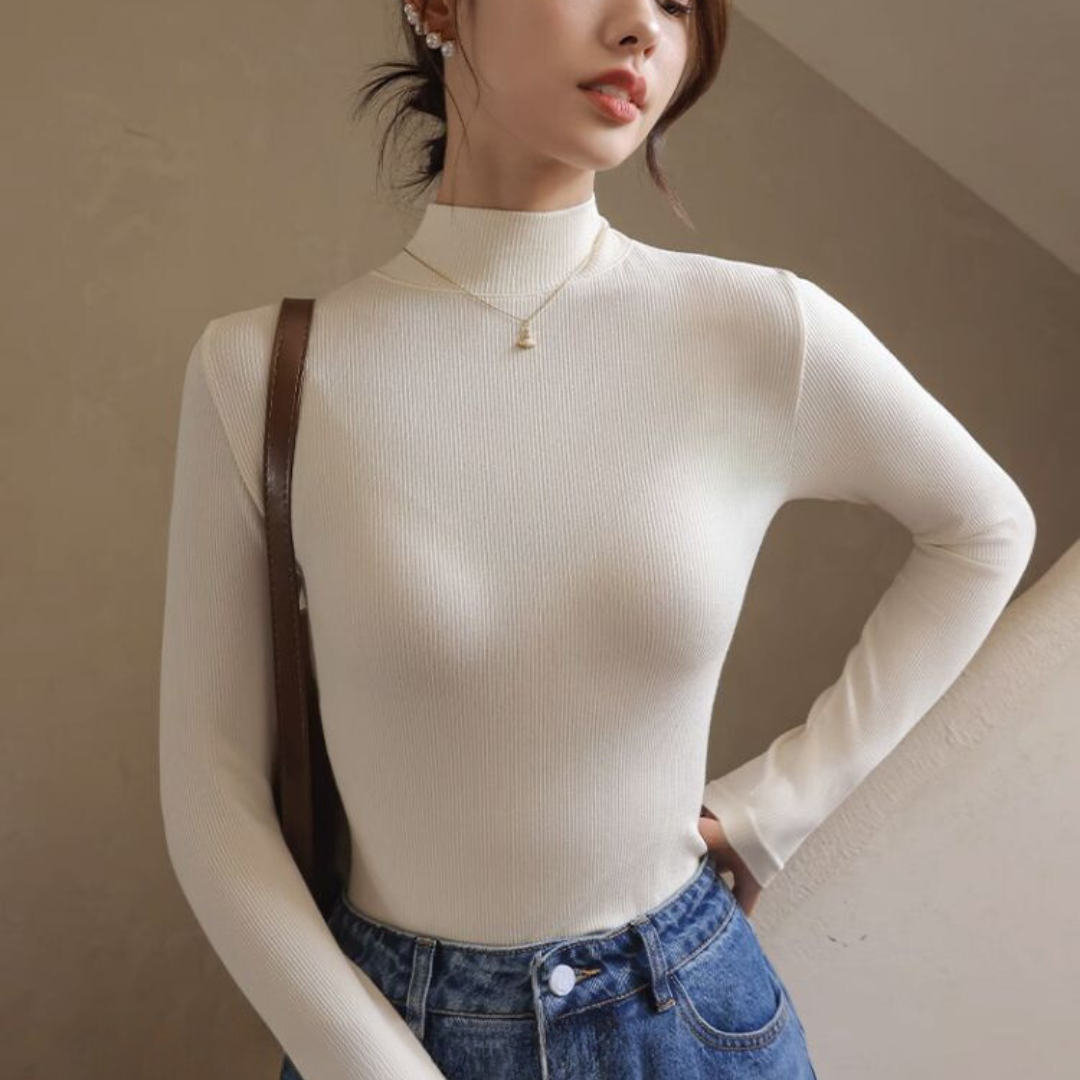 Solid Color Half Turtleneck Ribbed Base Layer Top, Slim-Fit Long Sleeve T-shirt for Women