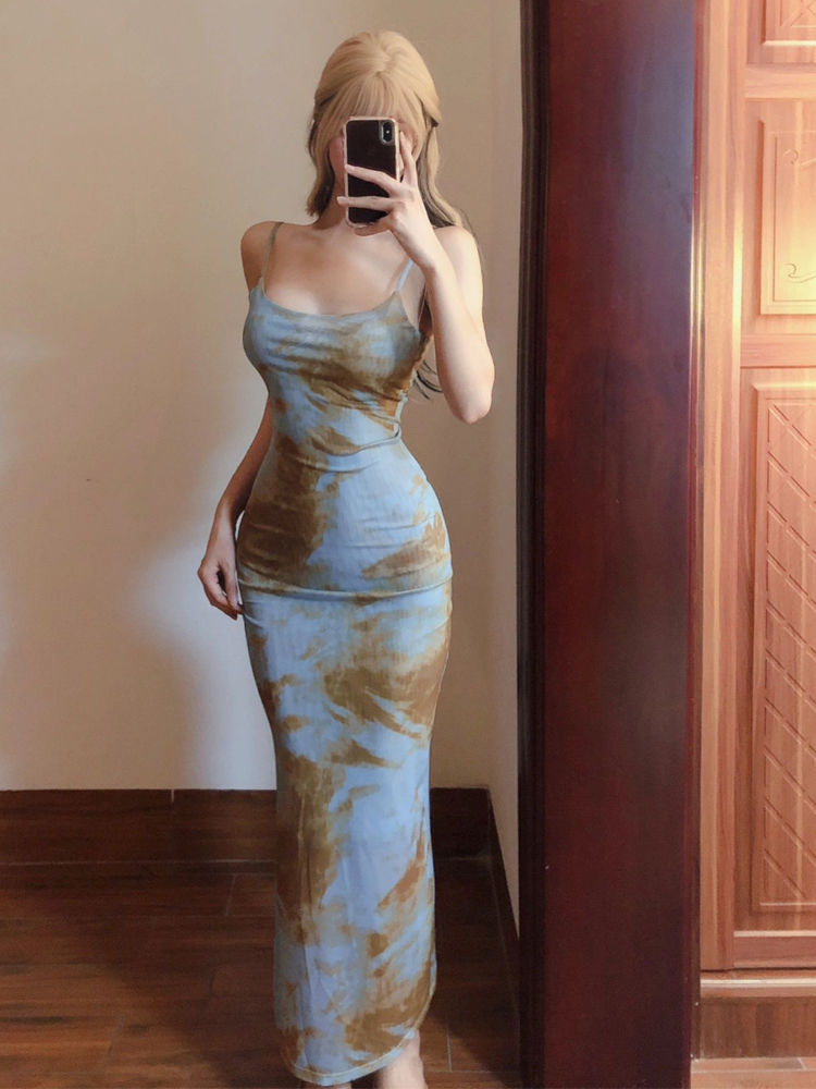 French tie-dye printed spaghetti strap dress  long bodycon dress