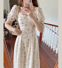 French retro design tea break summer new temperament sliwaist square neck floral dress