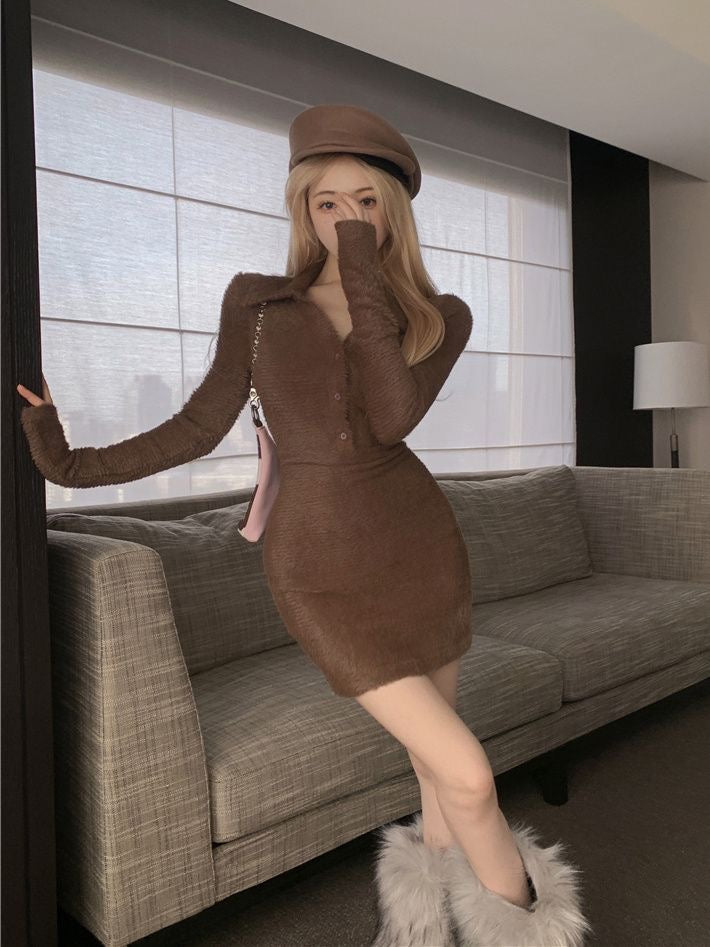 Plush Knitted Dress Hot Girl Long Sleeve Tight Inner Thickened Slim Fit Waist Covering Hip dress