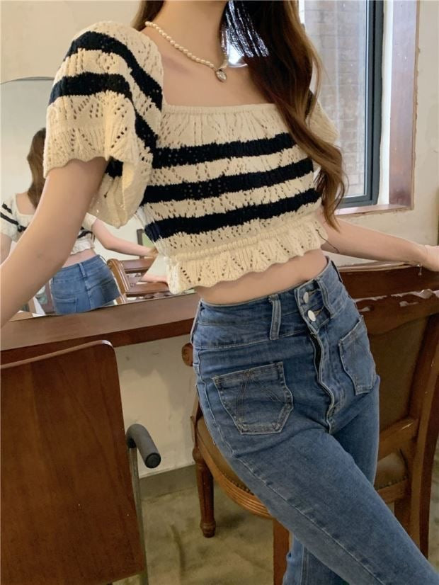 Square collar short-sleeved T-shirt summer knitted striped slim fit cropped top