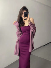 Purple suspender dress Hot little mother's long skirt, slim waist, tight and beautiful hip-hugging fishtail Dress