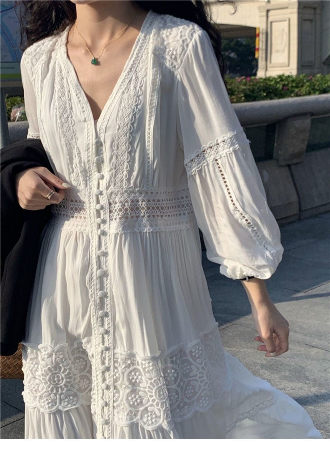 Ethnic traveller style white V-neck super fairy lace spliced long white vacation dress