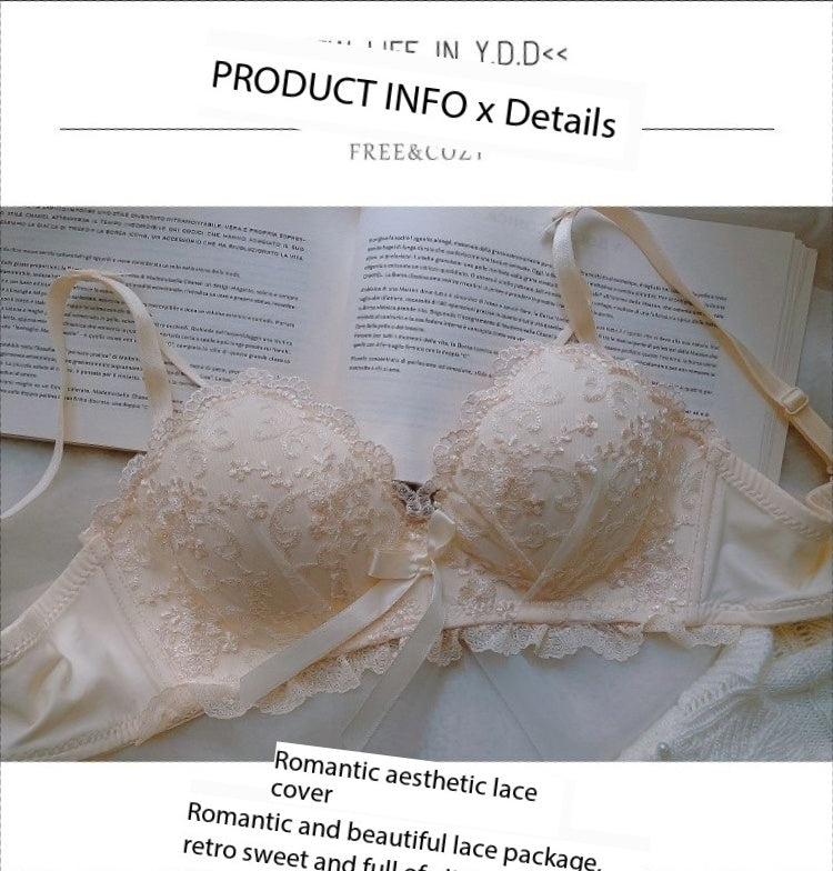 Japanese sweet cream embroidered lace underwear push-up no wire bra set