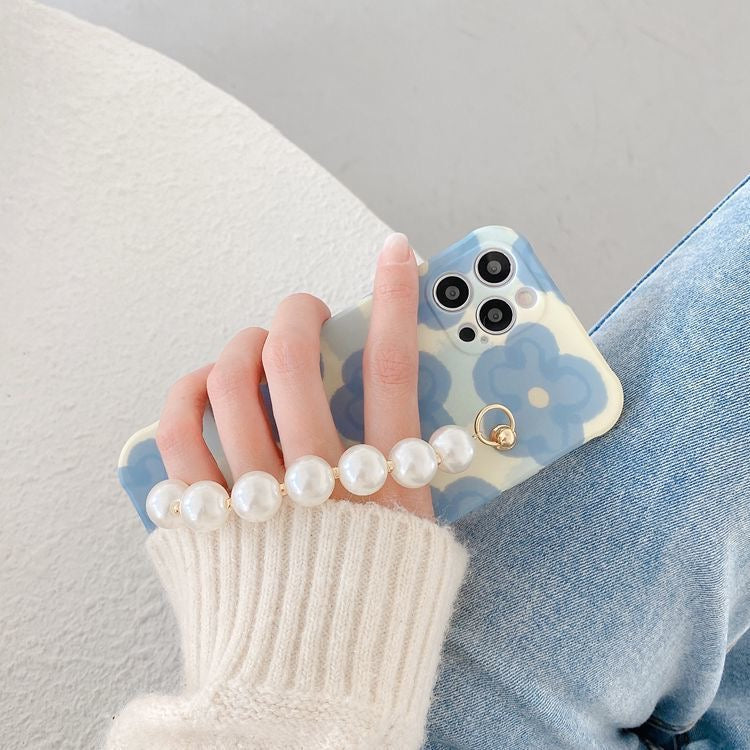 Blue Floral Case with Pearl Handle SIlicone case