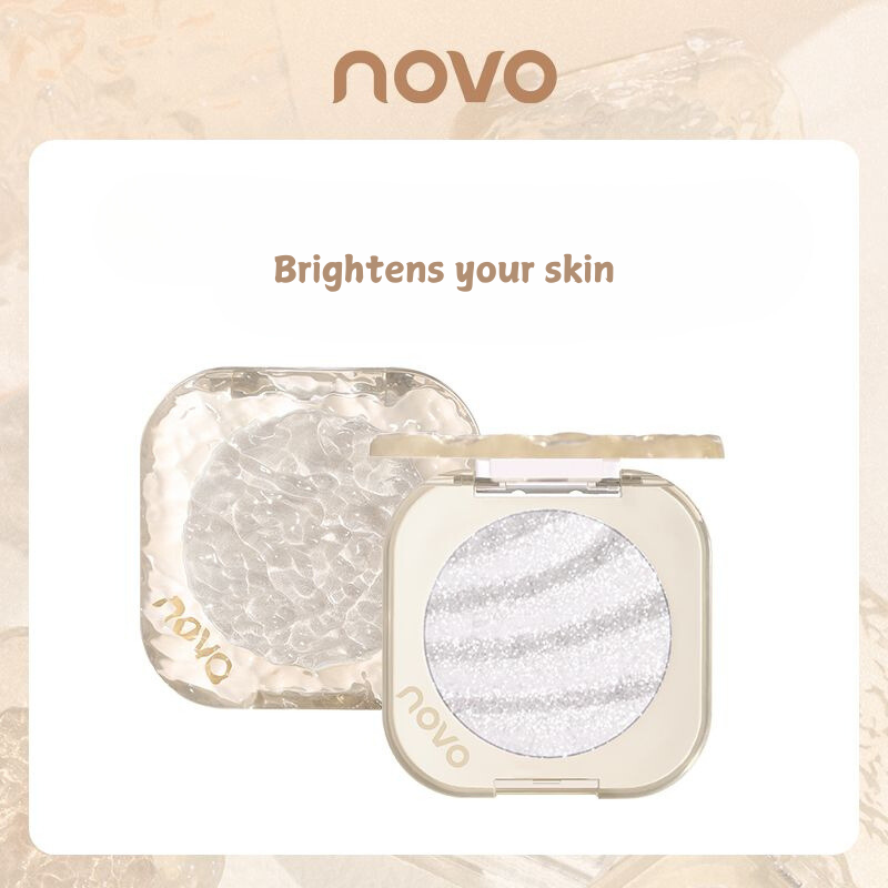 NOVO Highlighter Powder: Shimmer powder for brightening the face, creating a 3D contour, nose shadow, and side shadow. Fine shimmer and pearlescent finish, ideal for contouring.