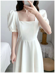 White Hepburn light mature style dress with puff sleeves square neck, waist, slimming temperament, over-the-knee long dress