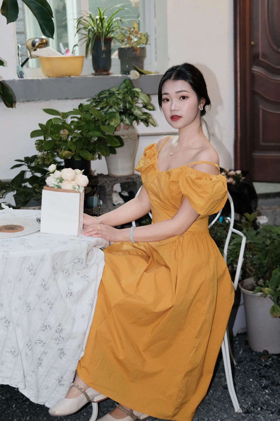 French V-neck  puff sleeve mustard off-shoulder long Dress