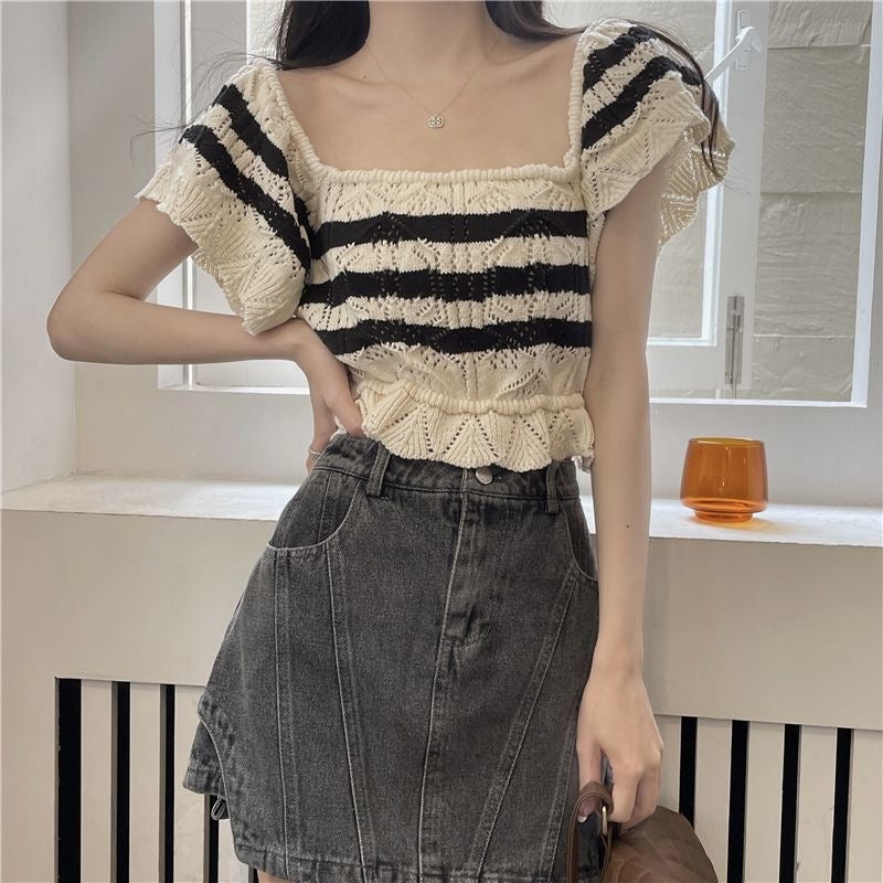 Square collar short-sleeved T-shirt summer knitted striped slim fit cropped top