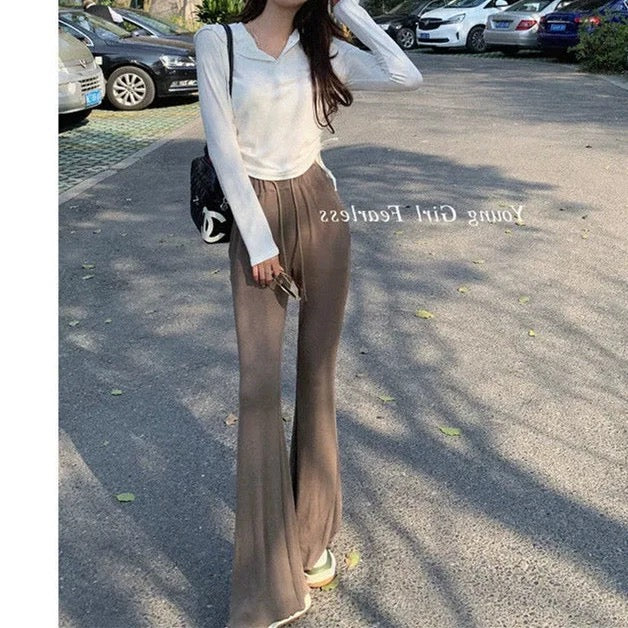 Soft, slim, slightly flared wide-leg pants for women, high-waisted floor-length trousers, drapey casual pants, autumn shorts