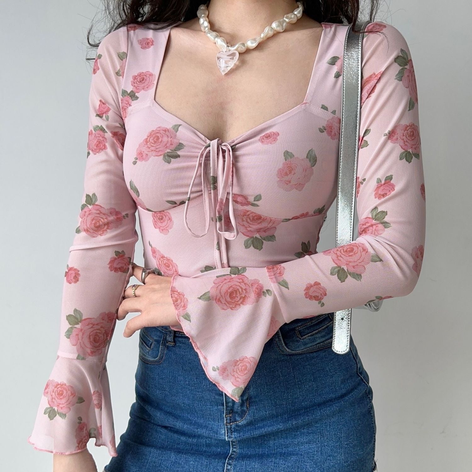 French sweet mesh flower print bell sleeve square neck slim long sleeve top