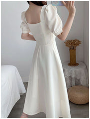 White Hepburn light mature style dress with puff sleeves square neck, waist, slimming temperament, over-the-knee long dress