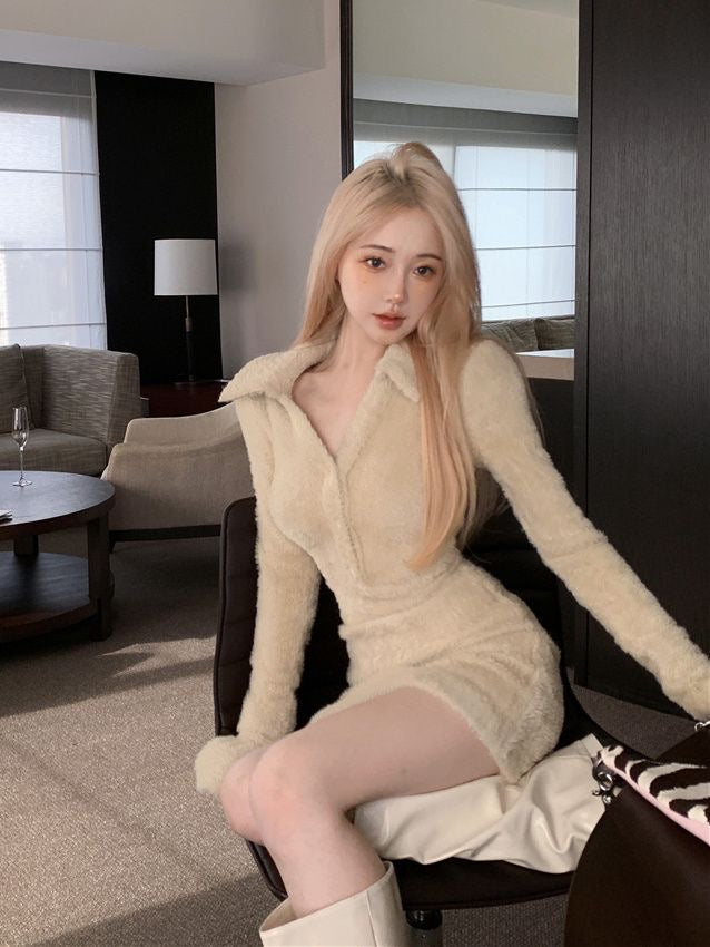 Plush Knitted Dress Hot Girl Long Sleeve Tight Inner Thickened Slim Fit Waist Covering Hip dress