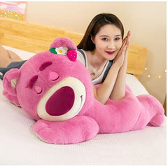 Strawberry Bear Pink Plush Toy - Cute Lotso Sleeping Bear Pillow Cushion for Girlfriend’s Birthday Gift