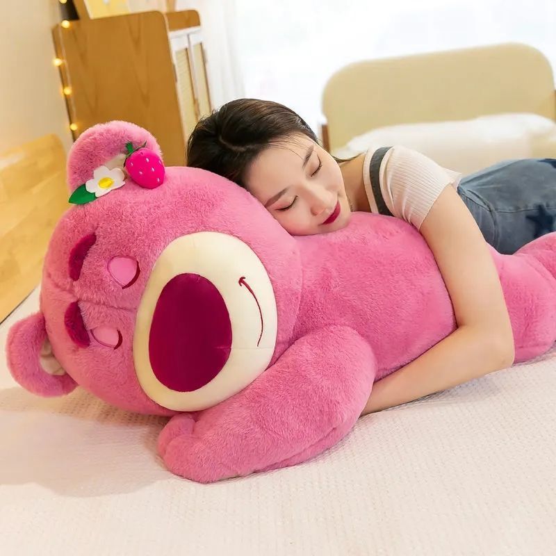 Strawberry Bear Pink Plush Toy - Cute Lotso Sleeping Bear Pillow Cushion for Girlfriend’s Birthday Gift